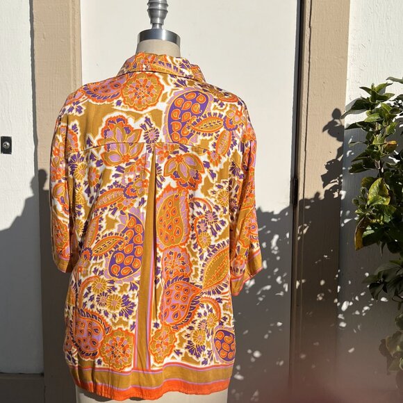 RACHEL ZOE Orange Gold Button-Up Short Sleeve Loose Fitting Blouse - Size Large - Picture 2 of 9